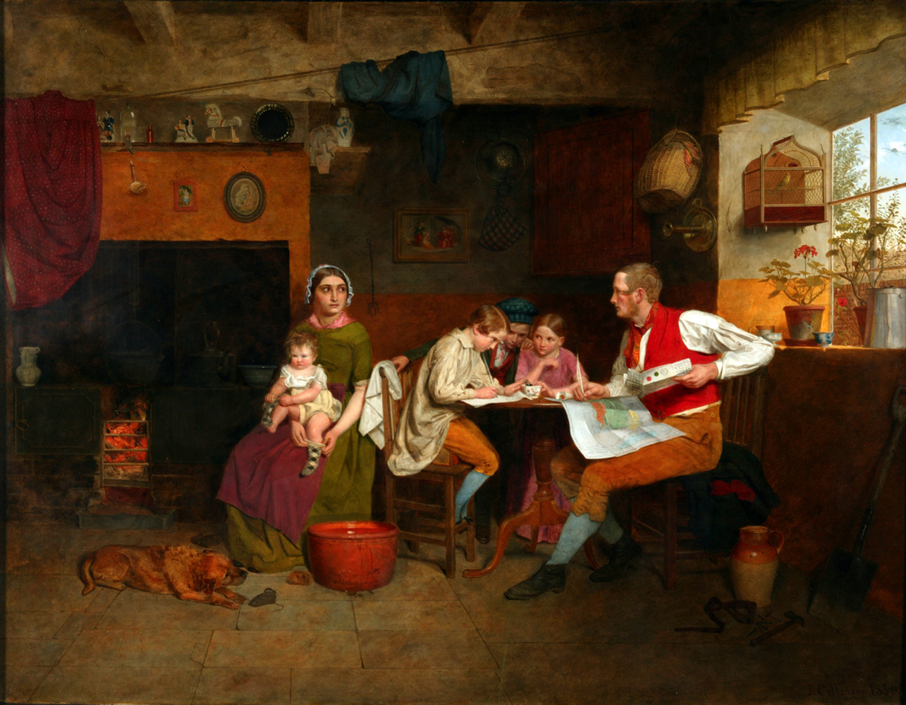 Painting showing family writing a letter, with mantelpiece in background