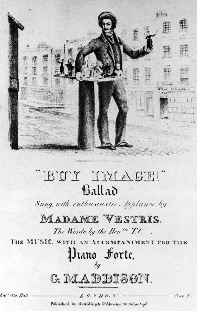 Cover of sheet music published in London, showing reversed image of image-seller