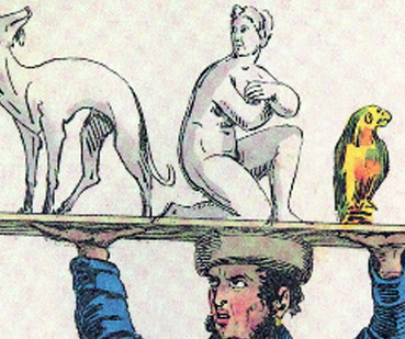 A figurine of a crouching Venus on the tray being held on the head of an image seller