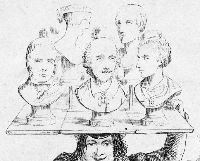 Detail showing portrait busts on image-seller's tray