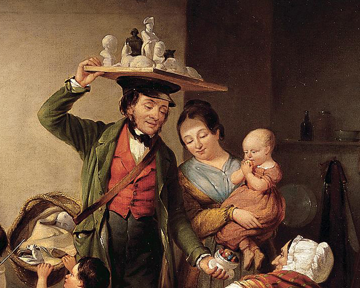A figurine of Napoleon stads in the centre of the image-sellers tray, which he's holding on his head