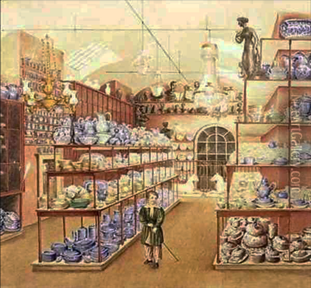 Shop interior with two aisles and shelves loaded with porcelain vessels and some figurines 