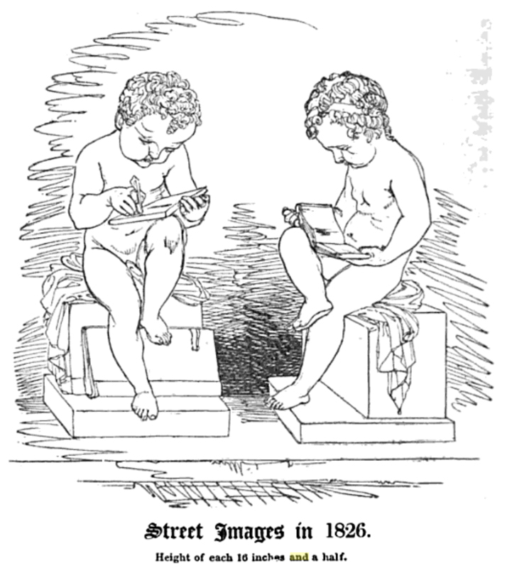 A figurine of a little boy writing, another reading, as depicted by Hone