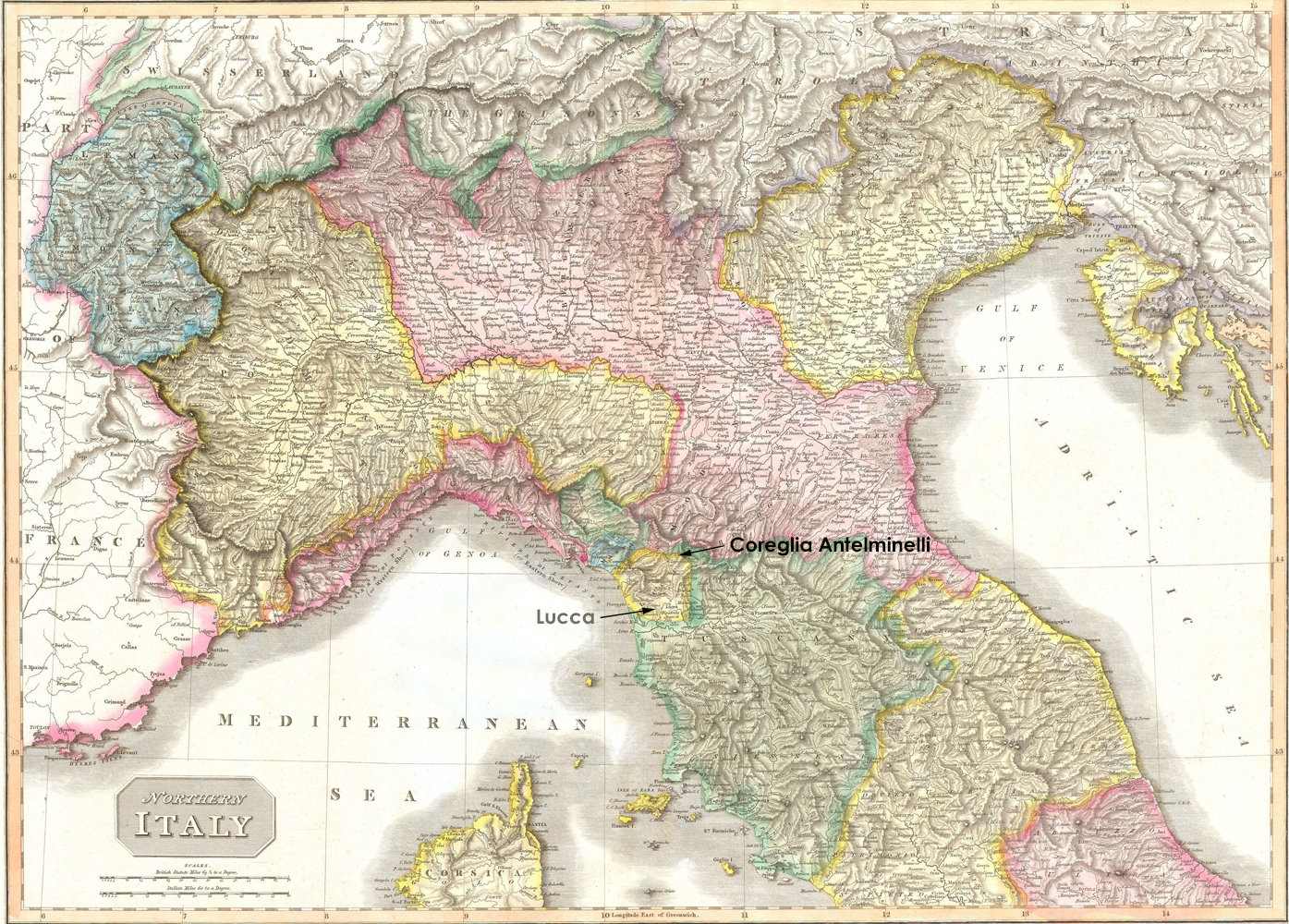 Section of map of north west Italy showing position of Lucca and Coreglia Antelminelli