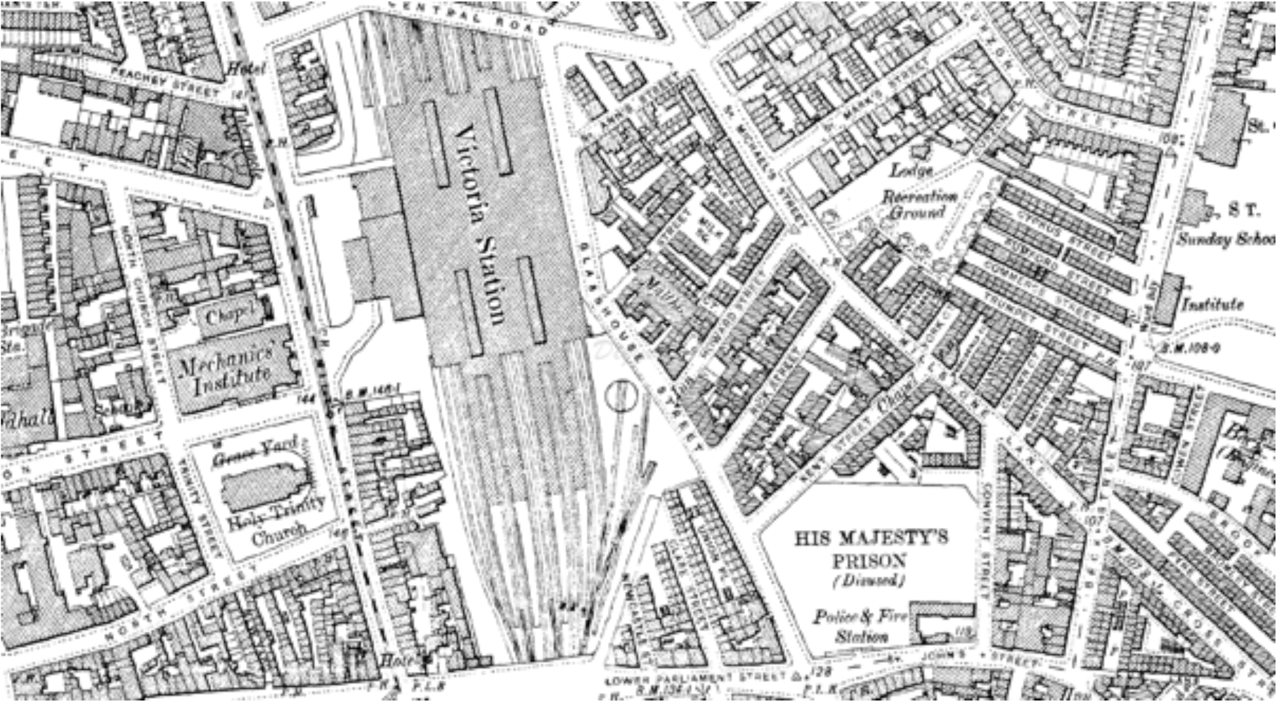 Map of central Nottingham after construction of Great Central Railways Victoria station