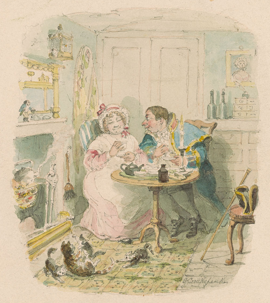 Illustration showing couple in parlour, with figurine visible on mantelpiece