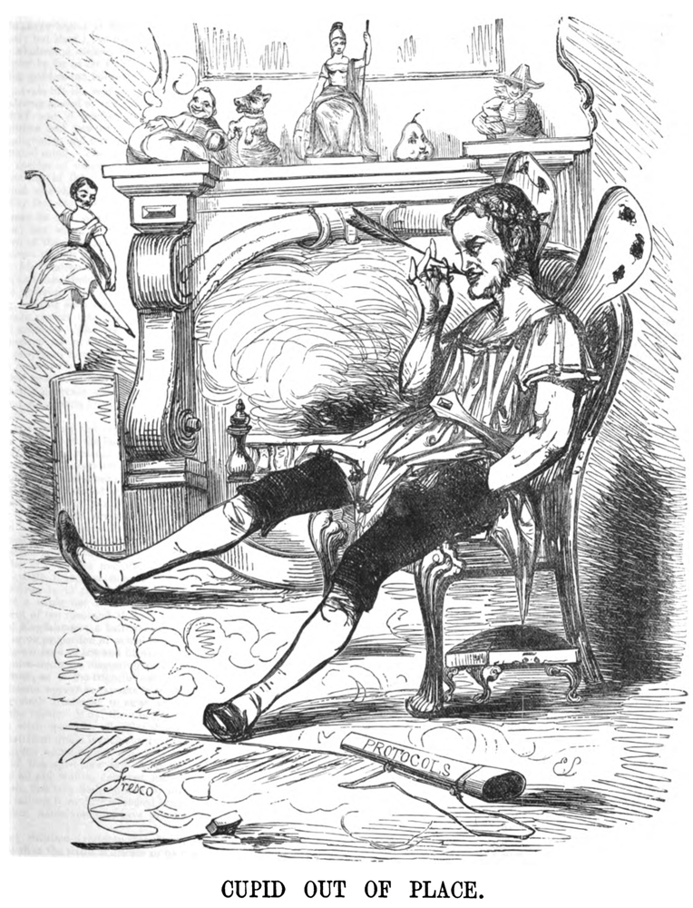 Cartoon of cupid in front of fireplace with figurines