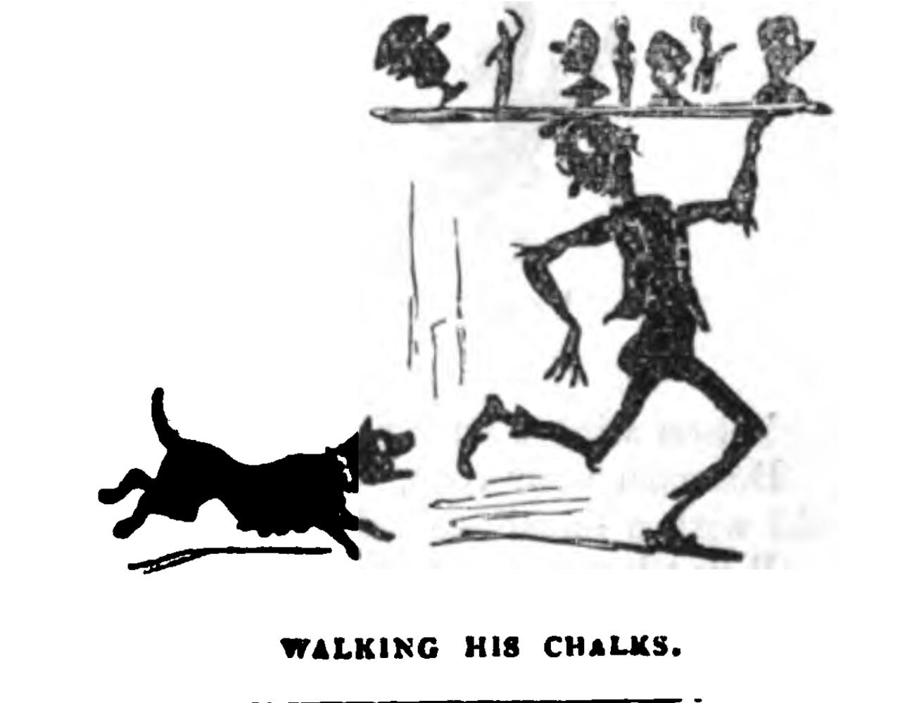 Small cartoon of hurrying image seller chased by dog
