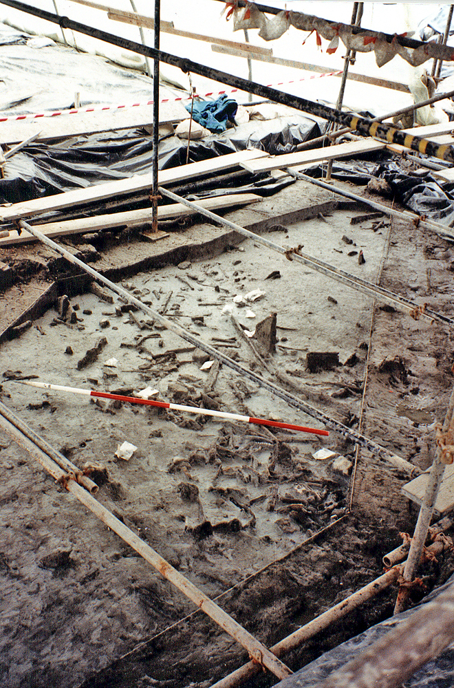 Scaffolding and bvlack plastic cover the excavation